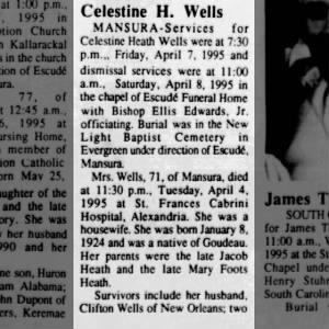 Obituary for Celestine Heath Wells (part 1 of 2)